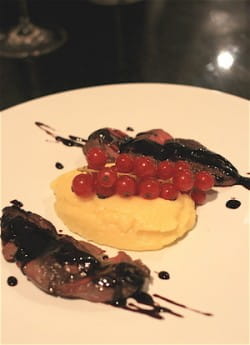 Pigeon breast and chocolate mole with red currants and parmesan mash