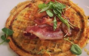 Sweetcorn, feta and green chilli waffles and pink grapefruit juice