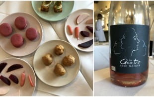 Beetroot and goat cheese macarons with a pet nat rosé