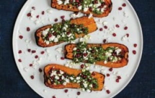 Butternut squash with pistachio pesto, feta and pomegranate seeds