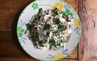 Raw cauliflower, mushroom and feta salad