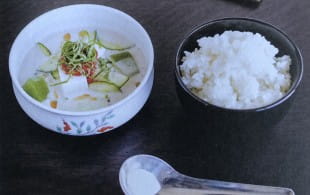 Hiyajiru (chilled miso soup) with cucumber ice cubes