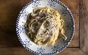 Linguine carbonara and English chardonnay