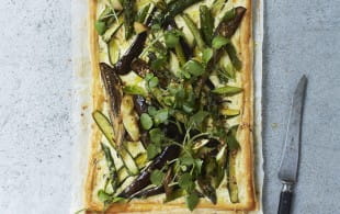 Spring vegetable tart with mustard cream and watercress