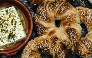 Simit with lemon and thyme-baked feta