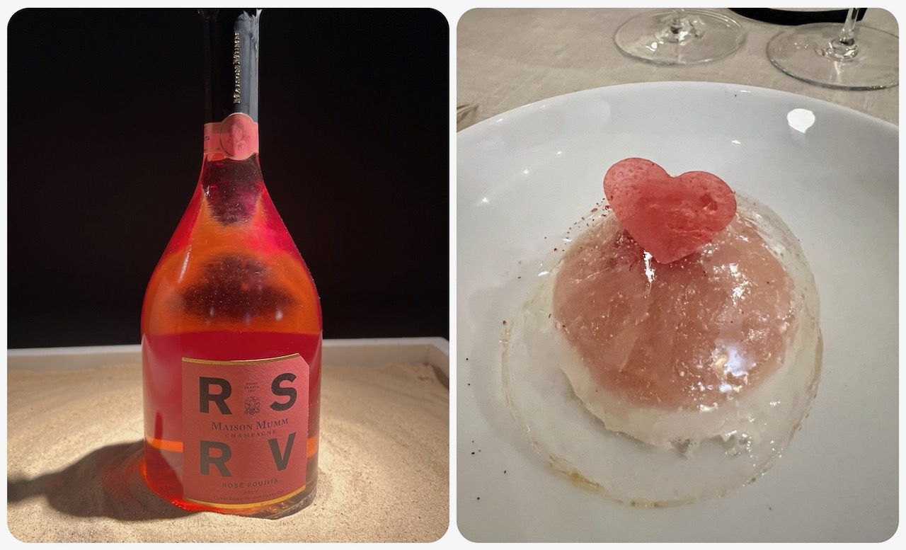 White peach and blanc de noirs mousse with rosé champagne