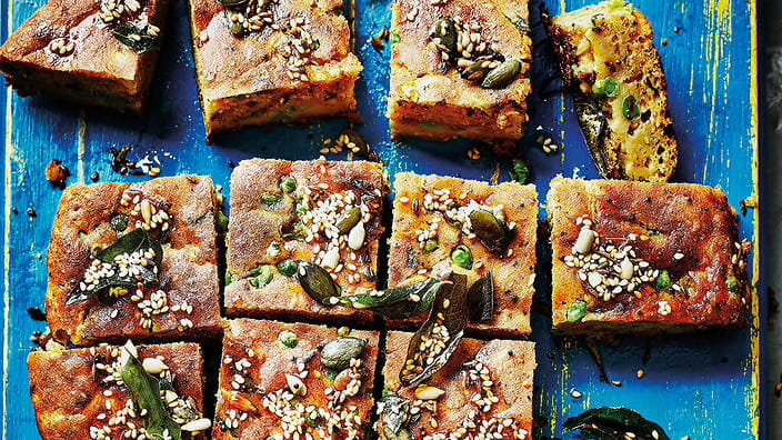 Courgette, seed and curry leaf cake and dry German riesling