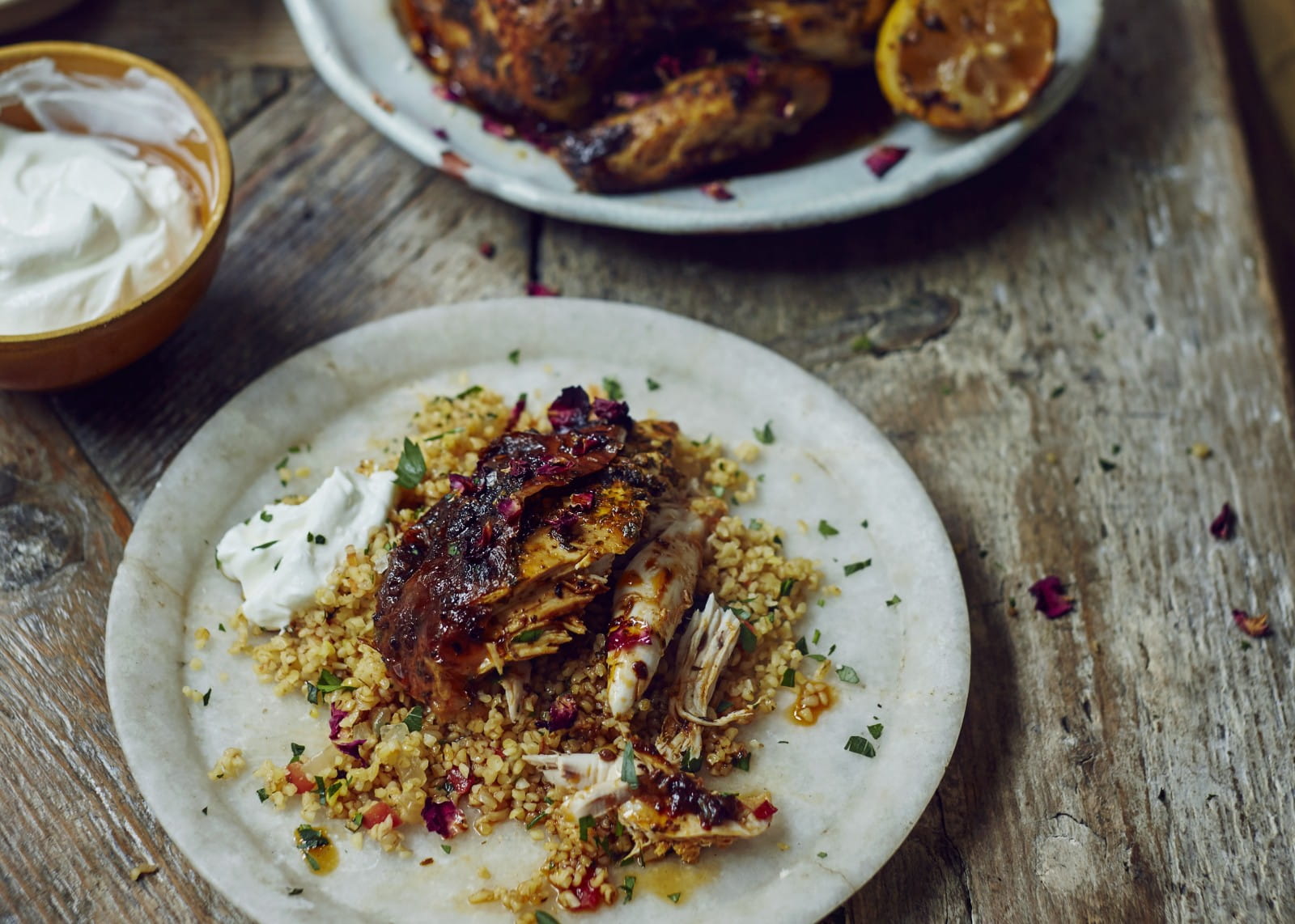 Roast harissa butter chicken and cracked wheat