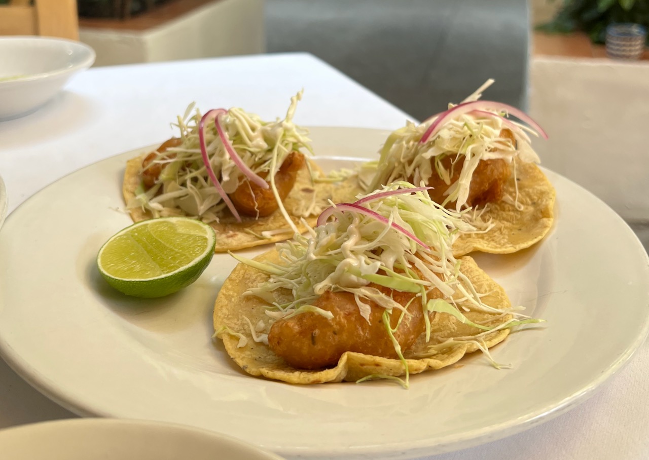 Deep-fried shrimp tacos and Mexican sauvignon blanc