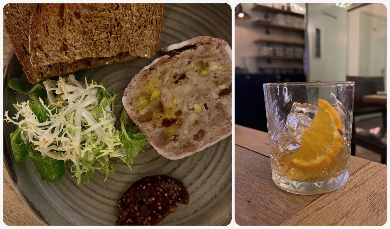 Pork apricot and pistachio terrine with an Old-fashioned cocktail