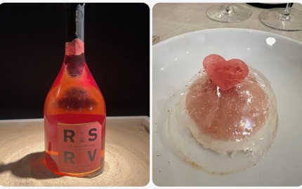 White peach and blanc de noirs mousse with rosé champagne